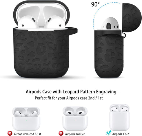 for Airpod Case & Airpods 2nd Generation Case Leopard Engraved Skin Cover Compatible with AirPods 2nd/1st Charging Case,Cute Soft Silicone Full Protective, Front LED Visible, Black