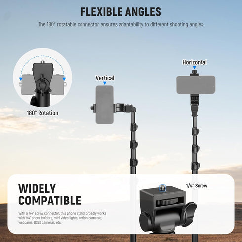 NEEWER 66" TS03 Basic Phone Tripod for iPhone & Camera w/Remote & Phone Holder, Metal Selfie Stick Travel Vlog Cell