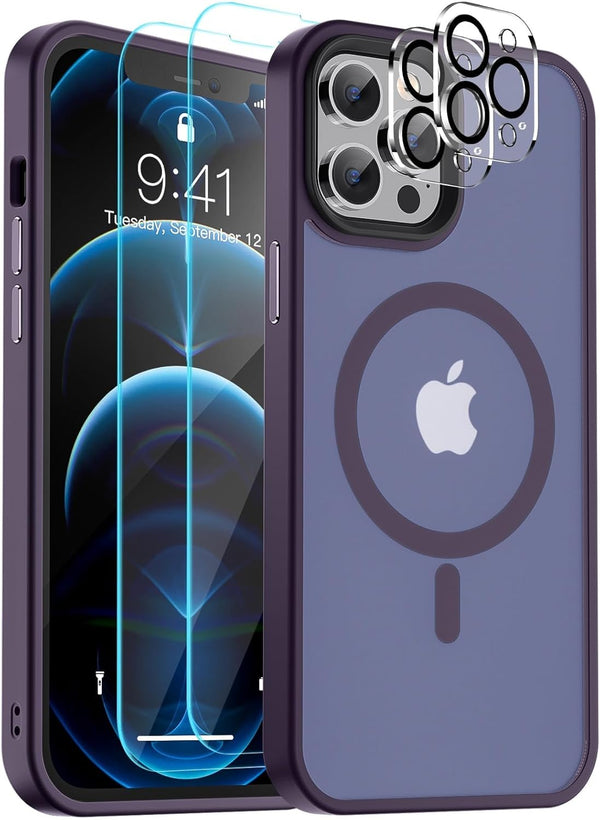 SUPFINE Magnetic iPhone 12 Pro Max Case, Matte Purple, Compatible with MagSafe, 2X Screen & Camera Protectors