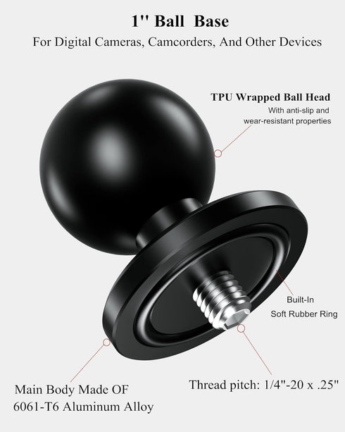 BRCOVAN Aluminum Alloy 1'' Ball Adapter with 1/4"-20 Threaded Stud for Action Camera & Camcorder Compatible with RAM Mounts B Size Double Socket Arm