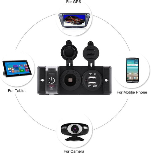 12V Waterproof Cigarette Lighter Socket, Dual USB Power Socket Switch Panel for Car RV Marine Boat