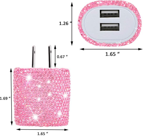 USB Wall Charger Bling 5V/2.4A 24W Dual Port Fast Charger Plug Cell Phone Block Adapter Pink for iPhone Android Samsung