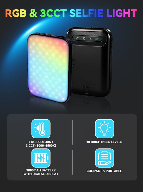 GLOUEN 4 10 3000mAh RGB Selfie Light for iPhone, Portable Phone Light Clip with Light Modes & Brightness Levels