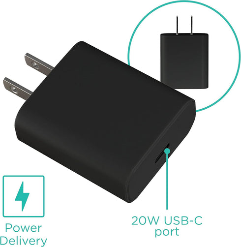 Cordinate 1 USB-C Port Wall Charger, 20W, Power Delivery, Fast Charge, Compact, Great for Travel, Compatible with Apple, Samsung, LG, Google, and Microsoft products, Charcoal, 58784