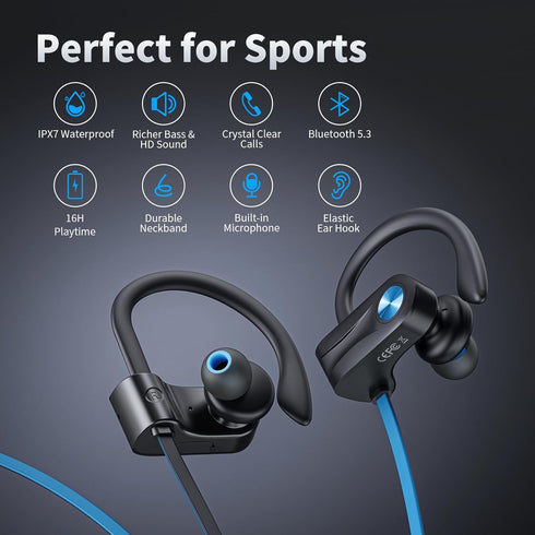 Wireless Headphones, Bluetooth 5.3, 16 Hours Playtime, Over-Ear Stereo Bass Earphones, Sports Earbuds, Blue