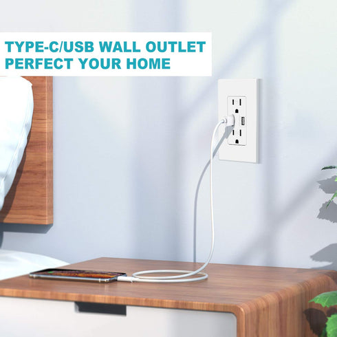 Micmi USB C Outlet PD 24W Power Delivery Type C + A Receptacle, 4.8A In-Wall Charger 125 Volt with Screwless Wall Plate