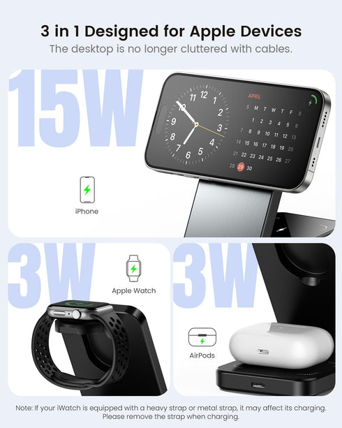 ESSAGER 3 in 1 Foldable Travel Wireless Charger, 15W Magnetic Charging Station for iPhone 16/15/14/13/12 Series, 20W
