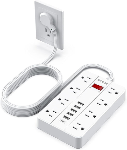 SMNICE Power Strip Surge Protector, Flat Plug Long Extension Cord 10 Ft with