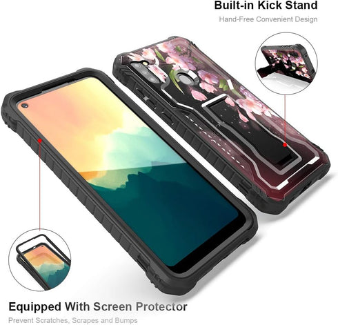 FITO Durable Shockproof Case for Samsung Galaxy A11, with Screen Protector and Built-in Kickstand, Pink Flowers