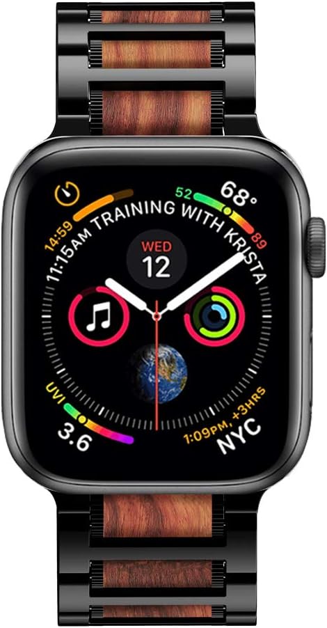 iiteeology Apple Watch Band, Natural Wooden Steel Link Bracelet for iWatch Ultra 2/Series 1-10, Black