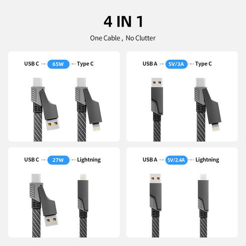 4 1 65W, 4-in-1 16/15/14/13 More(4FT) in Charging Cable Fast Charging USB C Cable USB Multi Charging Cable with E-Mark