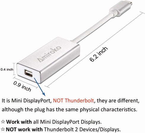 USB-C to Mini DisplayPort Adapter, USB 3.1 Type C to Mini DP Adapter Support 4K, Compatible with MacBook Pro,