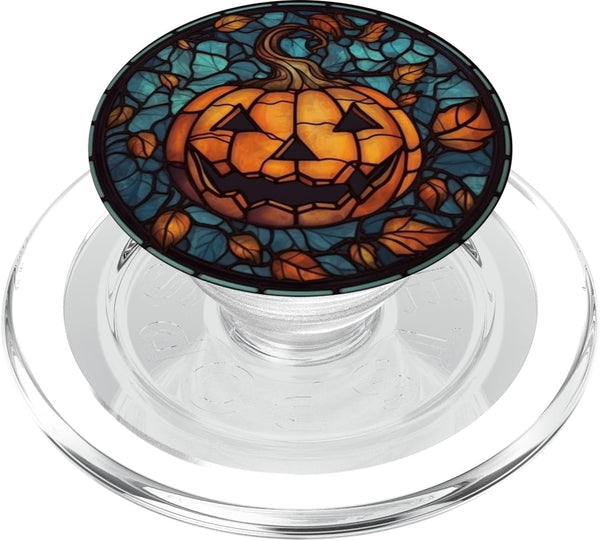 Halloween Pumpkin Stained Glass PopSockets PopGrip for MagSafe - Black Autumn Leaves
