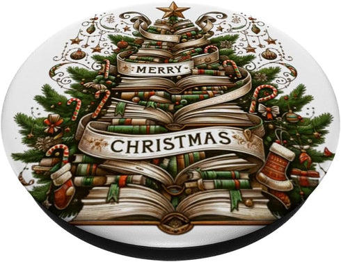 Literary Christmas Tree Festive Book Stack PopSockets Adhesive PopGrip