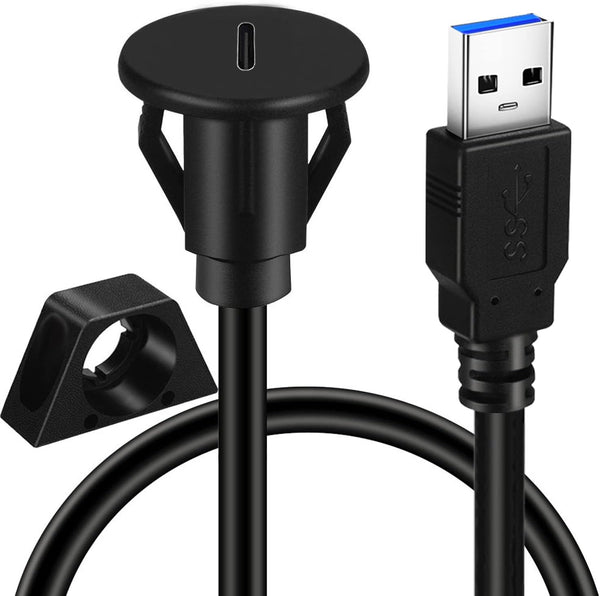 BATIGE Small USB 3.0 Male to Type C 3.0 Female Car Flush Mount Cable, 3ft Panel Mount Extension for Car Truck
