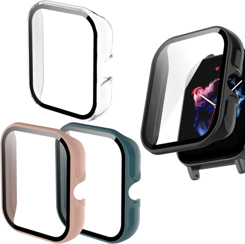 ECSEM Screen Protector with Hard PC Bumper Case for Amazfit GTS 3, All-Around Protective Shell, Clear+Pink+Green