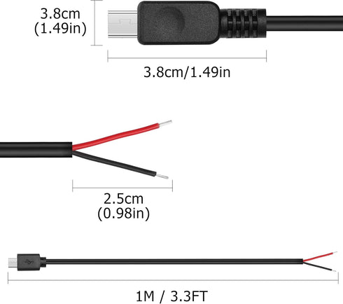 YAODHAOD Mini USB Male Pigtail Power Cable, 5V 3A Mini USB to 2 Pin Open End for USB Equipment, 1M/3.3FT