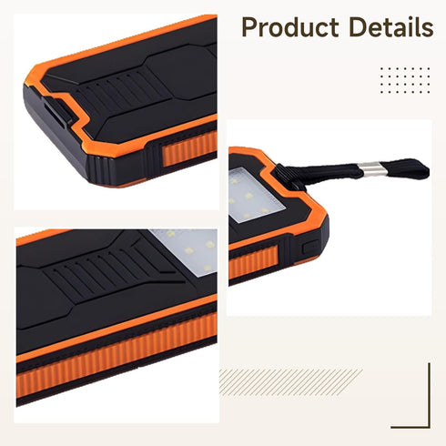 wkao 10000Mah, Solar Power Bank Orange, Dual USB Output, Shockproof & Dustproof with Led Flashlight & Carabiner