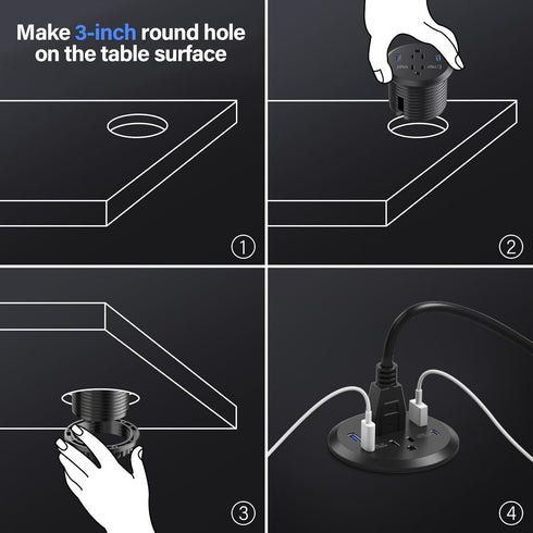 Jgstkcity Grommet, 65W 3inch Hole,2 Outlets,4 Countertop 65W Desktop Power USB C Fast Charging Port, Flush Mount