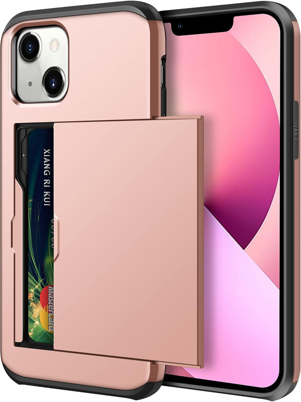 SAMONPOW Rose Gold Case for iPhone 13 with Card Holder, Dual Layer Hybrid Wallet Heavy Duty Protection