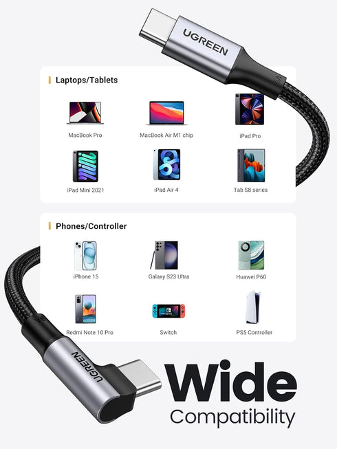 UGREEN 90 Degree USB C to USB C Cable, 100W Fast Charging, 6.6FT, Compatible with iPhone 15, MacBook Pro 2022, Samsung