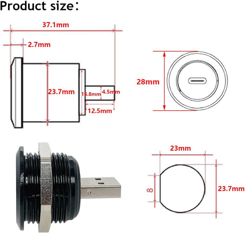 PENGLIN 2PCS USB 3.0 to USB-C Panel Mount Connector, USB Male to Type C Female Adapter Connector, USB Mounting Socket