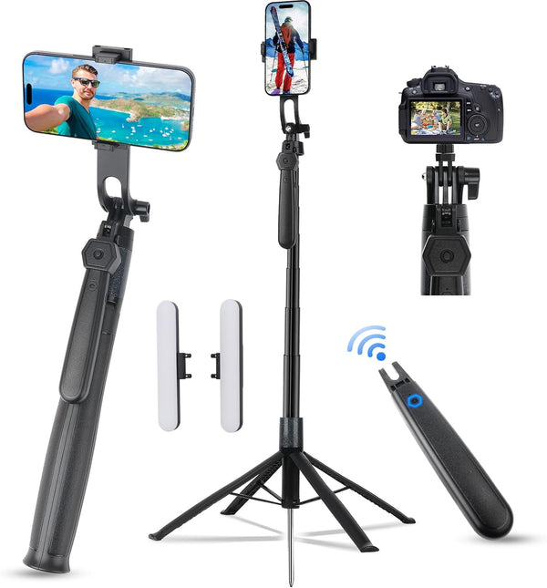 ikaufen 71" Upgrade iPhone Tripod with Ground Spike,5-Speed Adjustable Fill Light,Extendable Tripod for