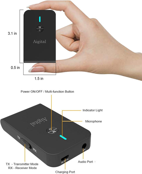 Bluetooth Transmitter for TV PC, 2 in 1 Audio Adapter with 3.5mm Jack, Low Latency, Built-in Microphone