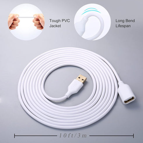Costyle 10ft USB Extension Cable 2-Pack, USB 2.0 Type A Male to Female, White USB Extender with Gold-Plated Connectors.