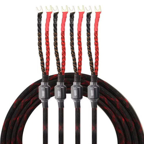 Tertullus 1 Pair HiFi OFC Braid Speaker Cable, 4 Y-Shaped Fork Spade Plug to Spade Plugs for Home Theater