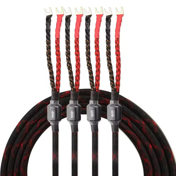 Tertullus 1 Pair HiFi OFC Braid Speaker Cable, 4 Y-Shaped Fork Spade Plug to Spade Plugs for Home Theater
