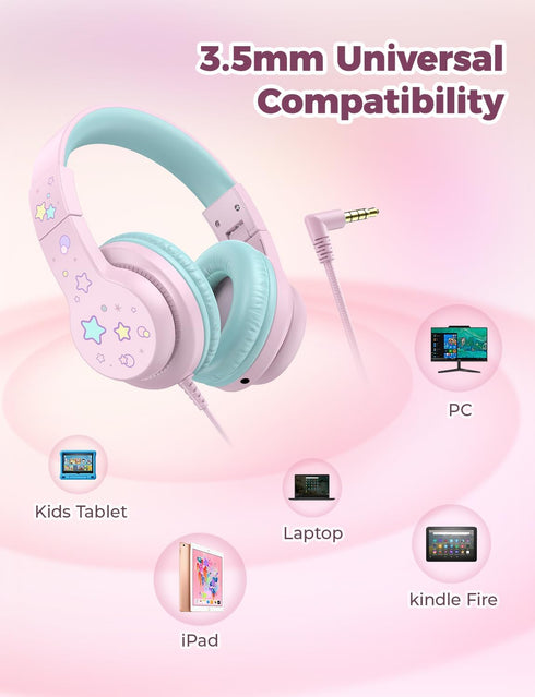 iClever HS19S Kids Headphones: Safe Volume 85/94dB, Foldable Over-Ear Stereo Sound, Mic, 3.5mm for iPad/Computer.