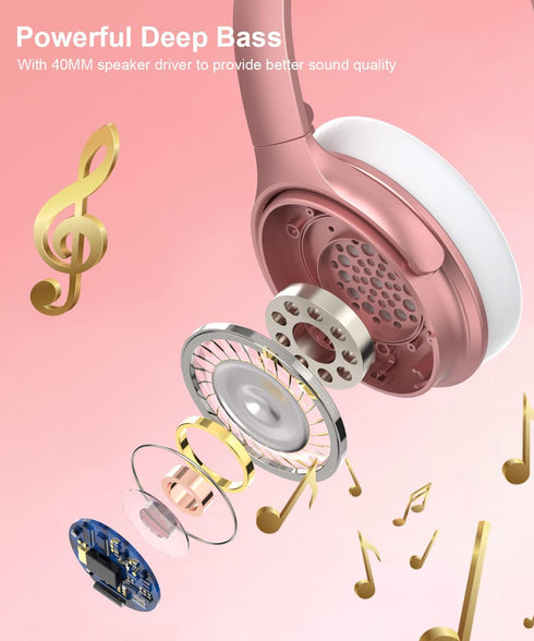 Headset, 90H Gift-H1 INFURTURE Pink Headphones Over Ear Headphones Active Noise Cancelling Bluetooth Headphones, Deep