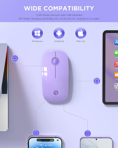 Wireless Bluetooth Mouse, Purple, 1600 DPI, Long Battery Life, Dual Connectivity, Quiet Click, High-Precision Optical