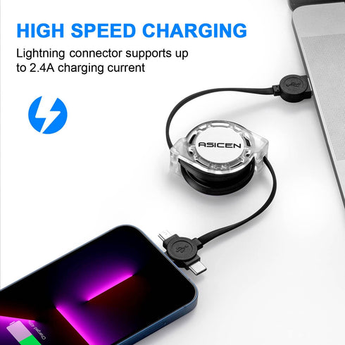 3.3ft Retractable Multi Charger Cable 2-Pack, 3-in-1 Fast Charging Cord for iPhone, iPad, Samsung, PS, Tablets & More