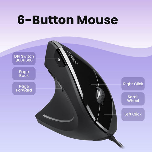 Perixx Perimice-513L Wired Vertical Ergonomic Mouse - 2 DPI, 6 Button Optical Ergo Mouse, Left Handed, Black