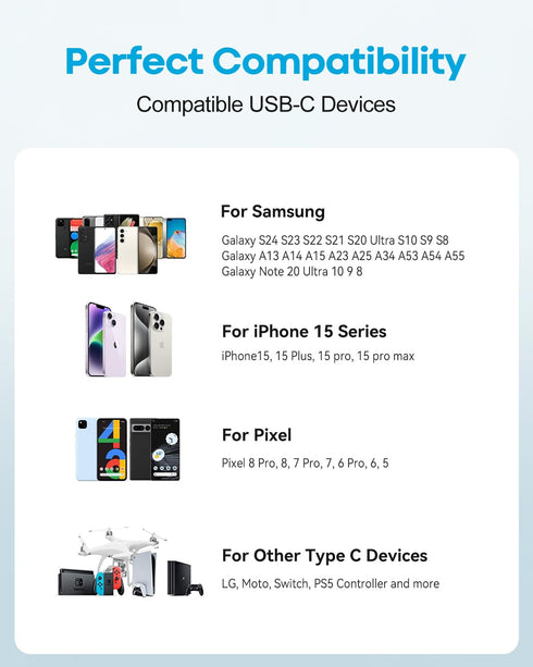 White USB C Cable 6ft, Fast Charging Cord USB A to USB C for Samsung Galaxy S24 S23 S22 S21 S20 S10 A14 A15 A25 A54,