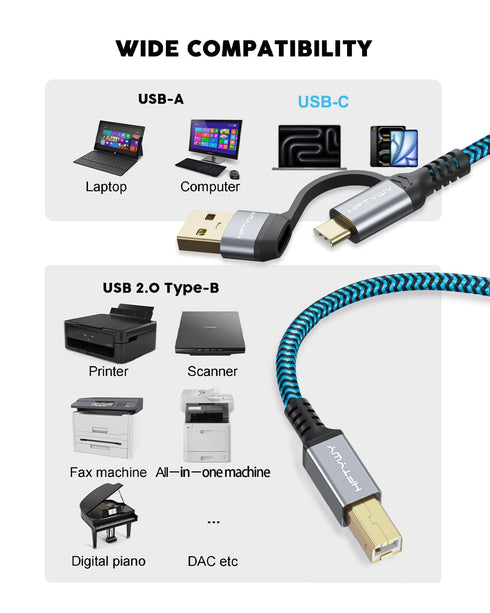 Hftywy 10 2-in-1 Printer Cable FT, Type C and USB A to B Printer Cable Compatible with MacBook Pro, HP, Canon, Epson