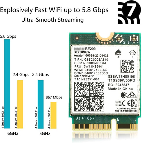 M.2 WiFi 7 Card Key E BE200, Wireless BT5.4 Network Adapter, 2.4G/5G/6GHz, 9.3Gbps for WiFi7/WiFi6E/WiFi6