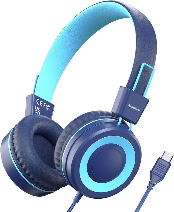 Upgrade USB Type C Kids Headphone for School, Foldable Lightweight On-Ear Headphones, 94dB Safe Volume Limited, HD