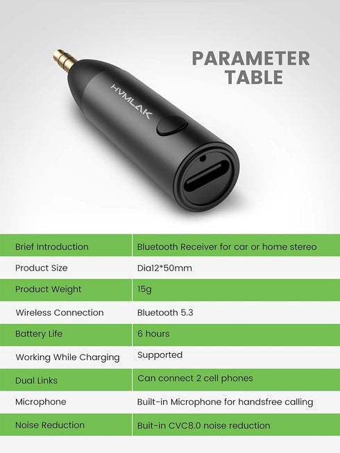 Bluetooth 5.3 Aux Adapter, Car Bluetooth Receiver with Stronger Microphone, 3.5mm Jack for Car Home Stereo, USB-C