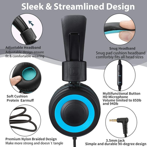 M3 Kids Headphones with Microphone, Lightweight Foldable Adjustable Stereo On-Ear Headphones with Tangle-Free Cord
