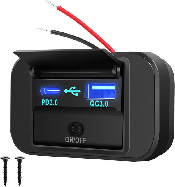GemCoo 12V RV USB Outlet, 38W PD QC3.0 USB Car Charger Socket with Cover for Car, Bus, RV, ATV, Truck