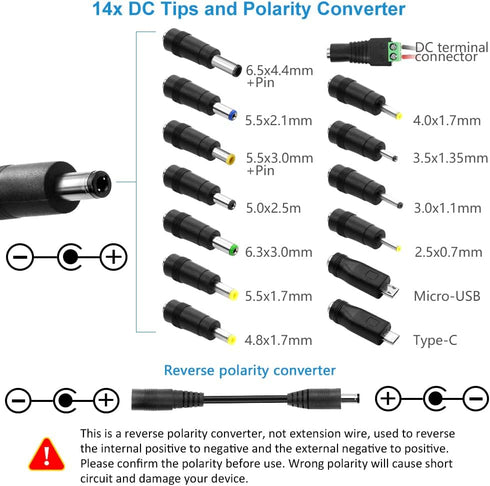 SHNITPWR Universal AC to DC Adapter, 3V ~ 24V 2A 48W Switching Power Supply with 14 Tips & Polarity Converter