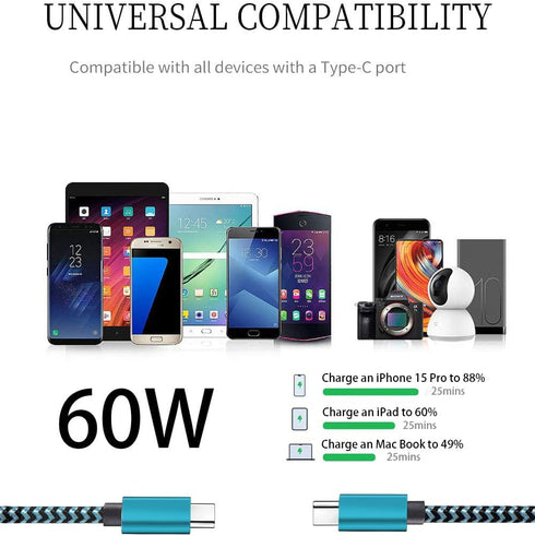 USB C Cable, Tpc002 3 Pack (6Ft/1.8M 60W) Nylon Braided Cord Compatible with iPhone 15 and MacBook