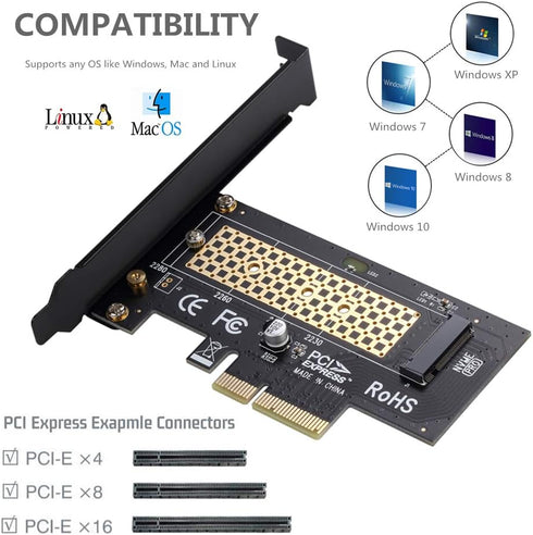 M.2 NVME to PCIe 3.0 x4 Adapter with Aluminum Heatsink Solution