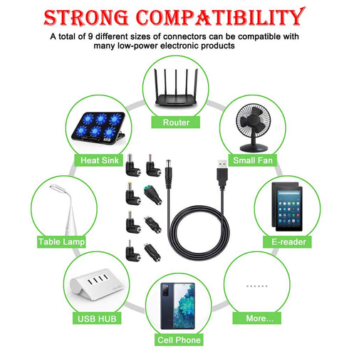 MEROM Universal 5V DC Power Cable, USB to DC 5.5x2.1mm Charging Cord with 8 Connector Tips (5.5x2.5, 4.8x1.7, 4.0x1.7,