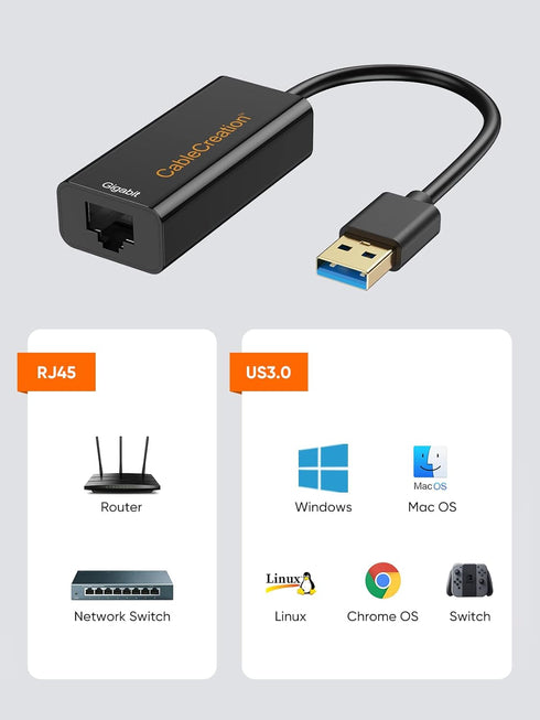USB to Ethernet Adapter, CableCreation USB 3.0 to Gigabit Wired LAN Network Adapter for Nintendo Switch & More