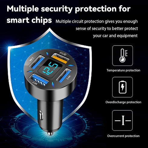 4 Ports USB Car Charger, 66W Super Fast Charging USB QC 3.0 Adapter with LED Voltmeter for Car