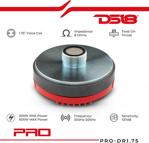 DS18 PRO-DR1.75 1" Twist On Throat Compression Driver, 600 Watts Max Power, Set of 1 Tweeter